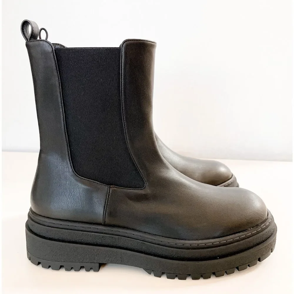 New Good American Black Leather Pull On Platform Boots - Picture 2 of 13